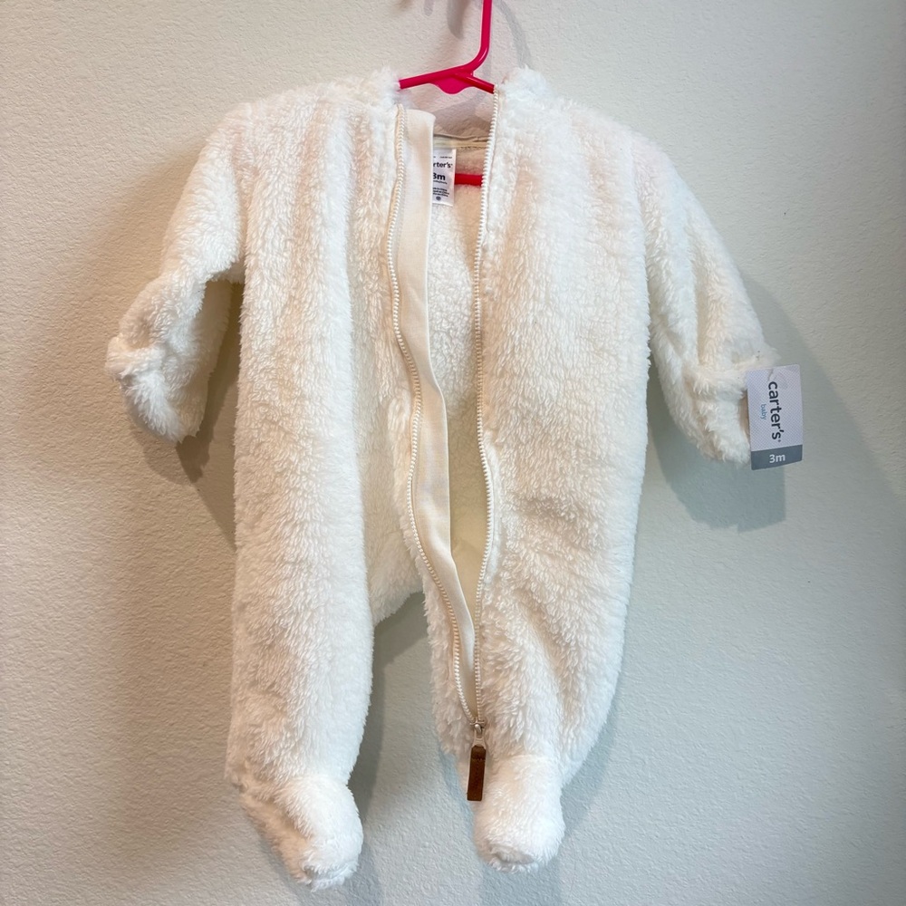 NWT Carter's Baby Sherpa Bunting Pramsuit White 3 Months 3D Bear Ears